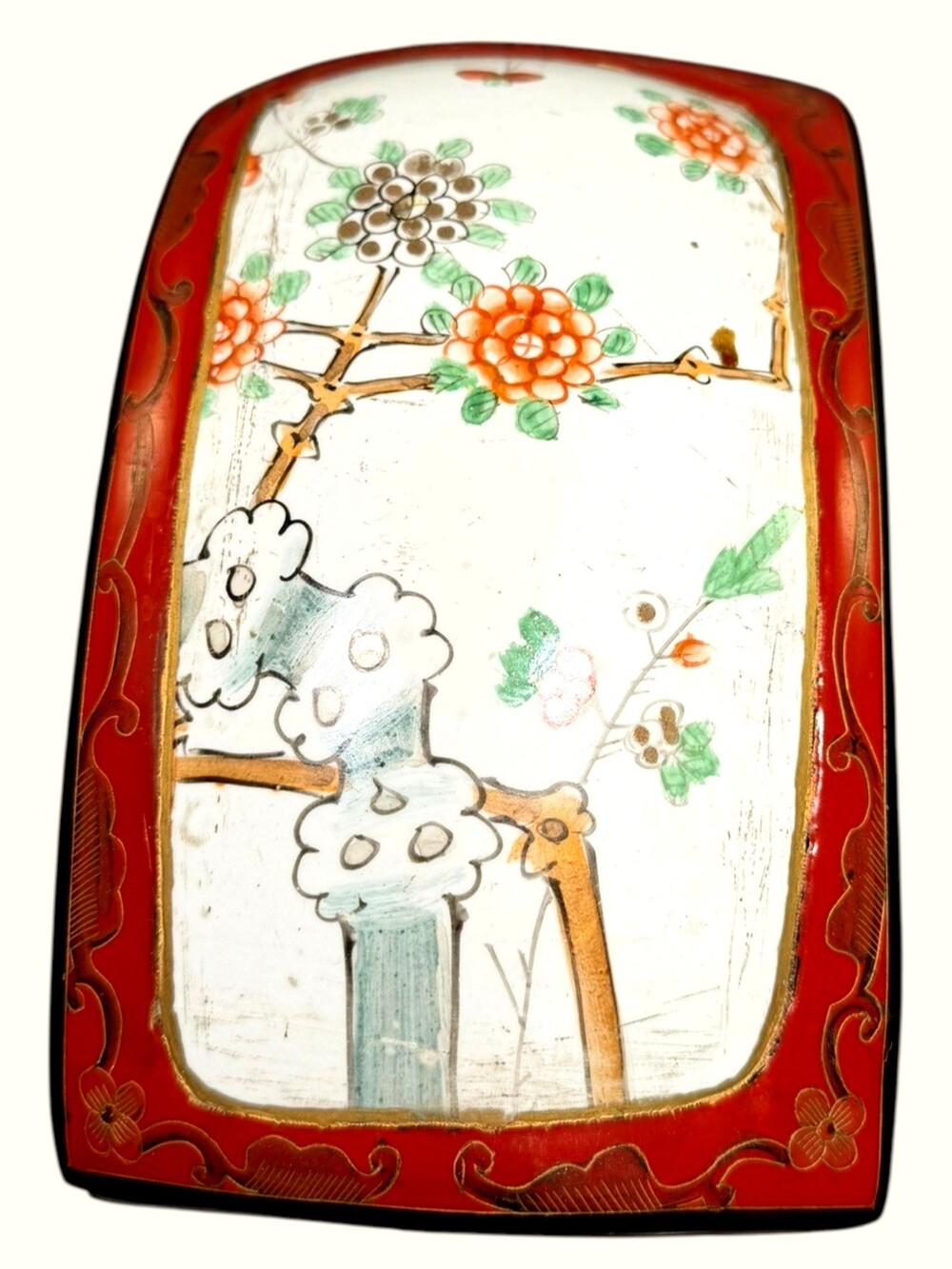 Antique Chinese Red Lacquer Box Porcelain Plaque Metal Inlay C1920